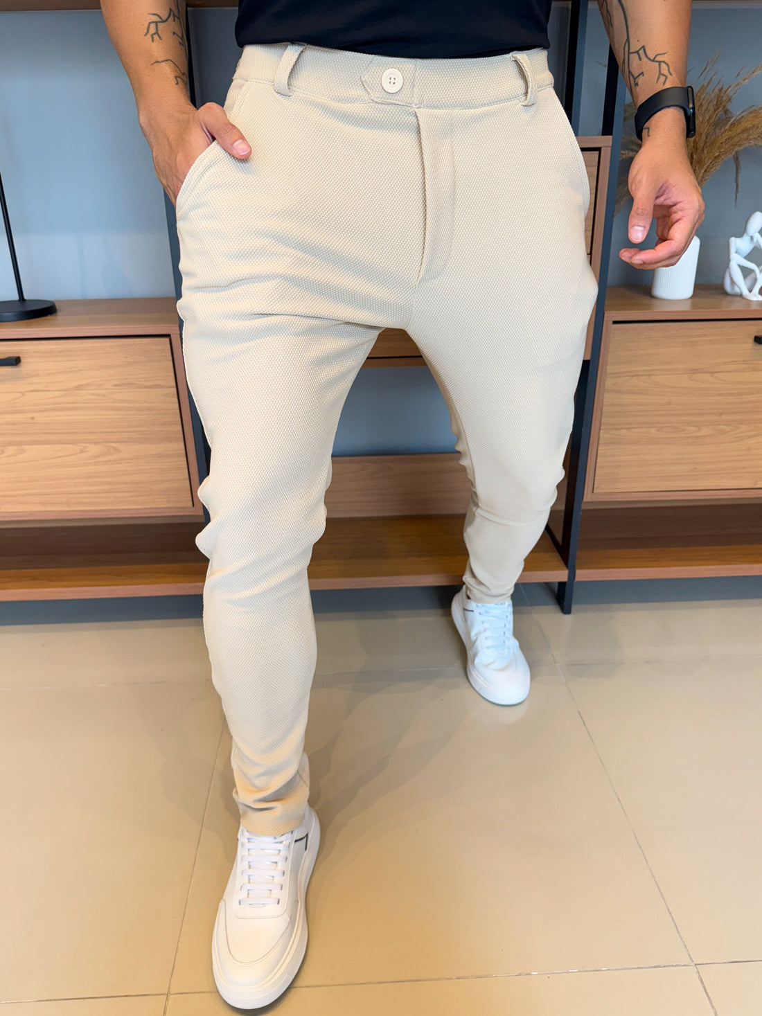 Granitto Textured Trousers – Sand | Zip-Free Design