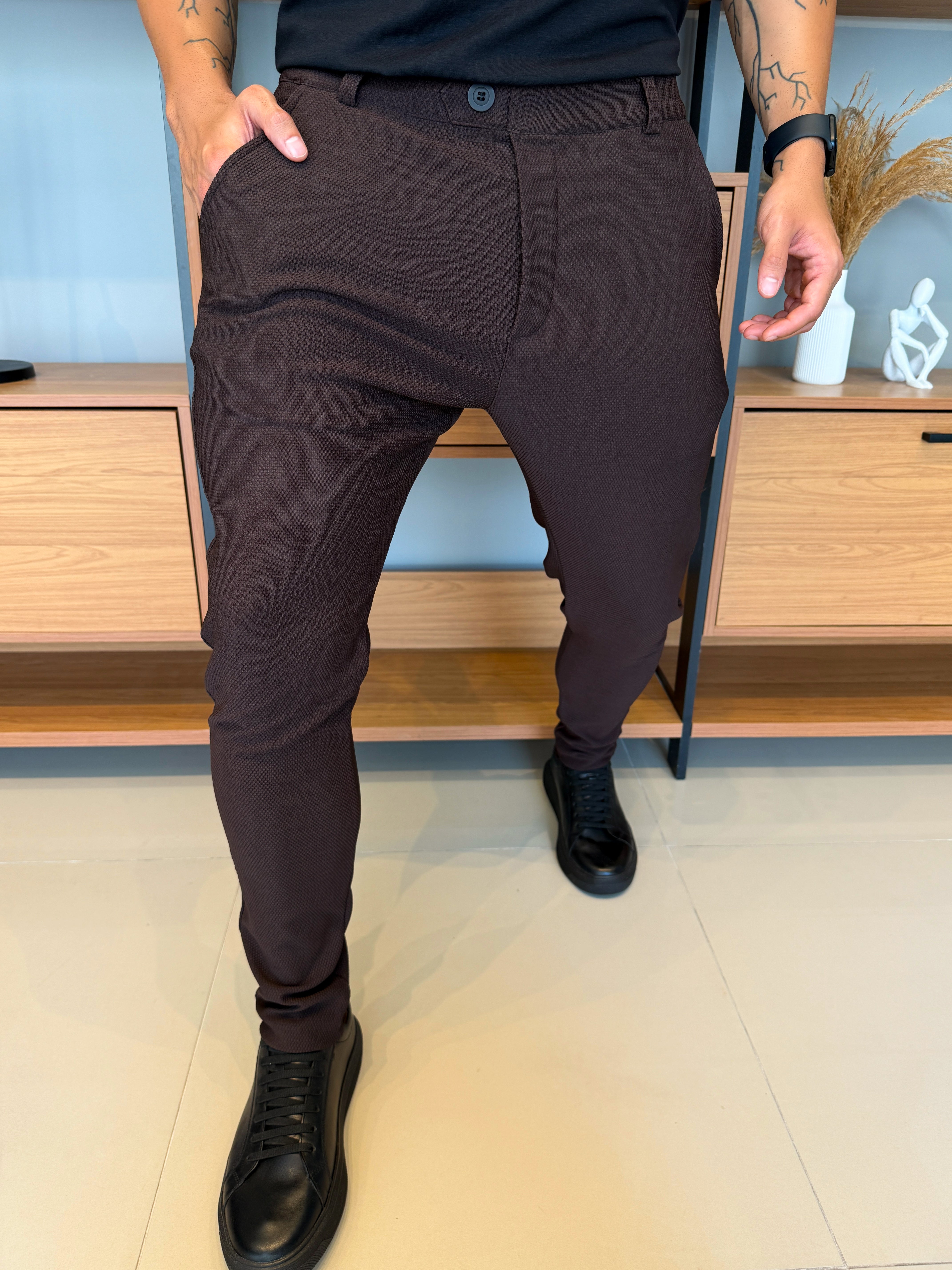 Granitto Textured Trousers – Brown | Zip-Free Design