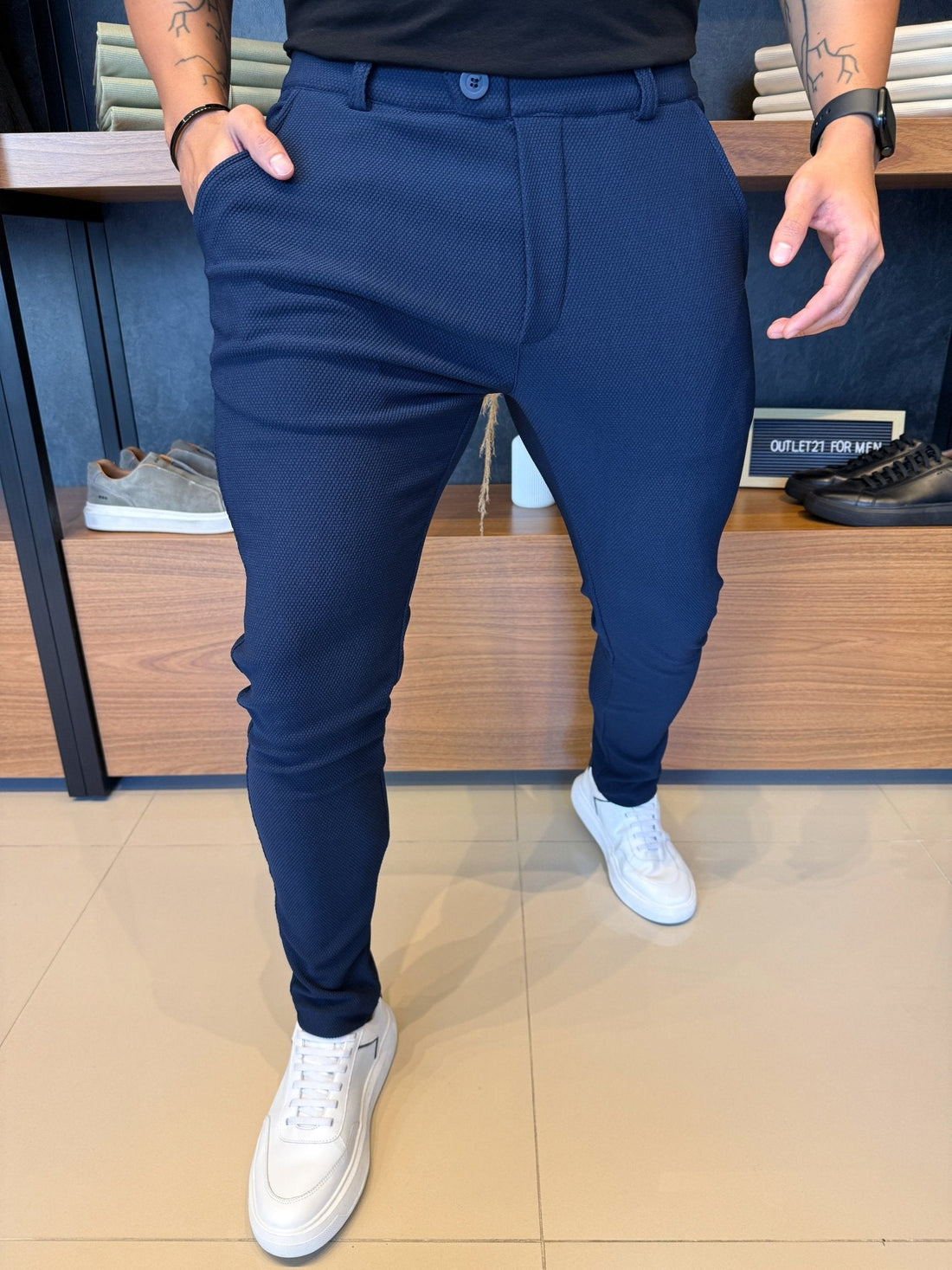 Granitto Textured Trousers – Navy | Zip-Free Design