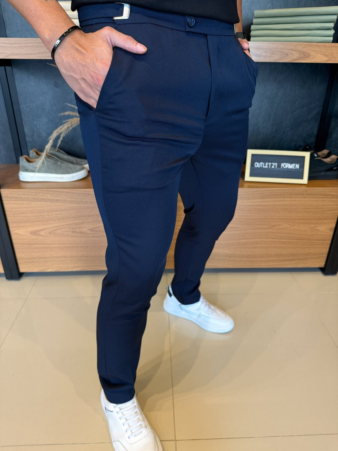 Italian Tailored Trousers – Navy | Side Buckle Adjusters
