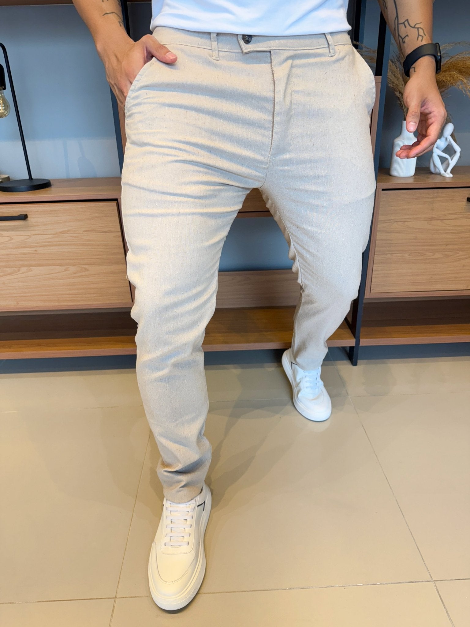 Beige Tailored Linen Trousers