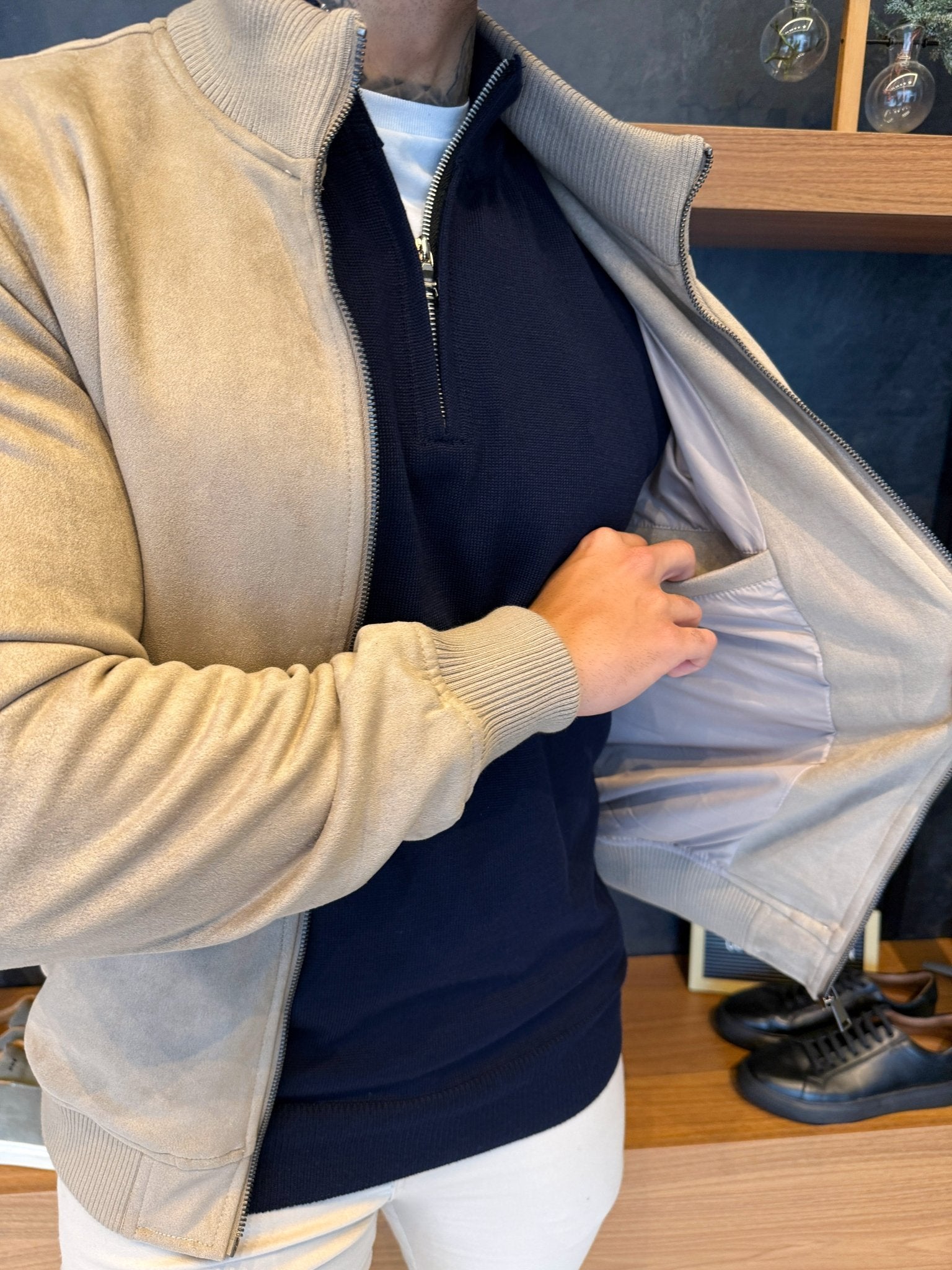 High-Neck Suede Jacket – Beige