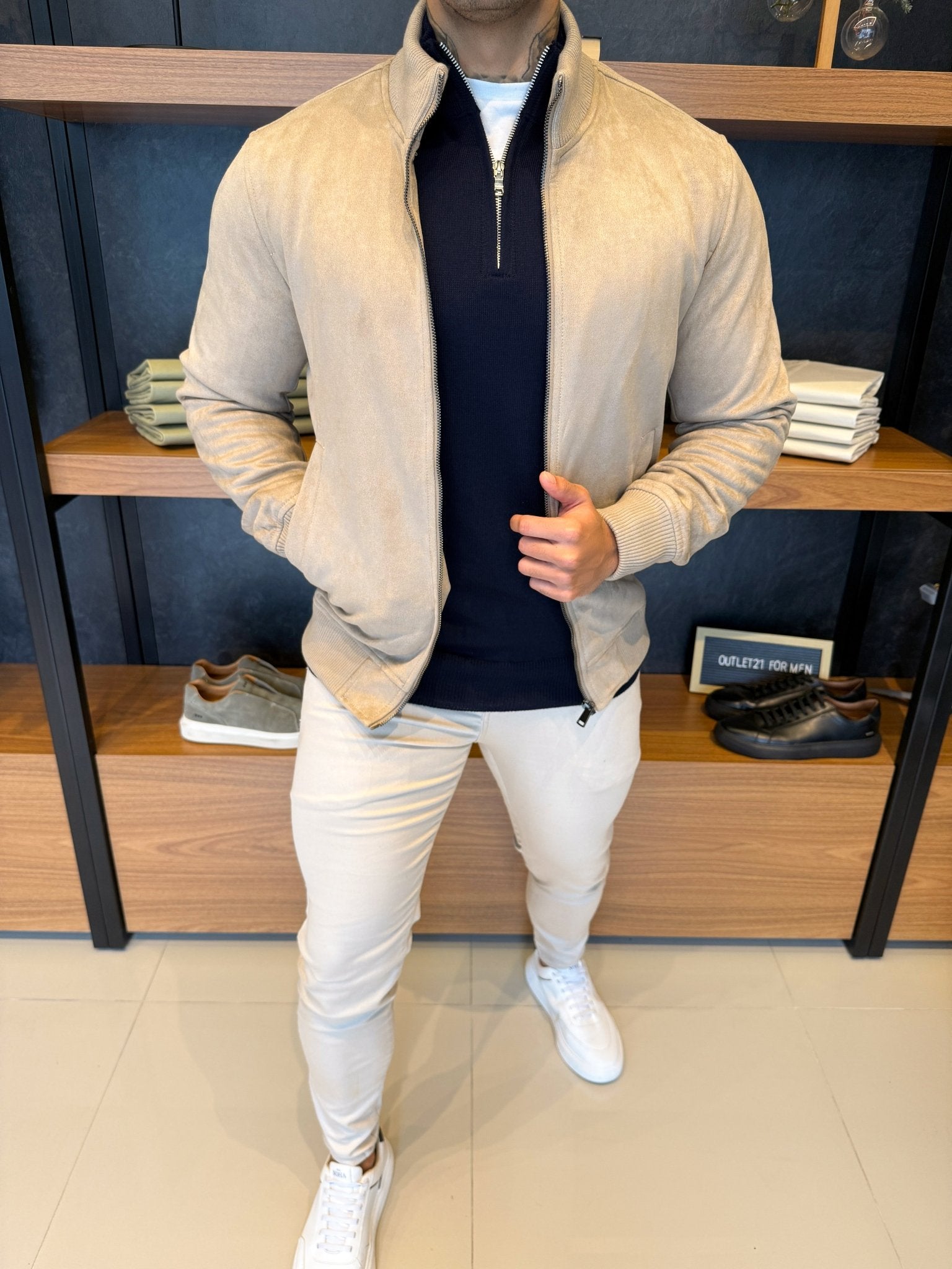 High-Neck Suede Jacket – Beige