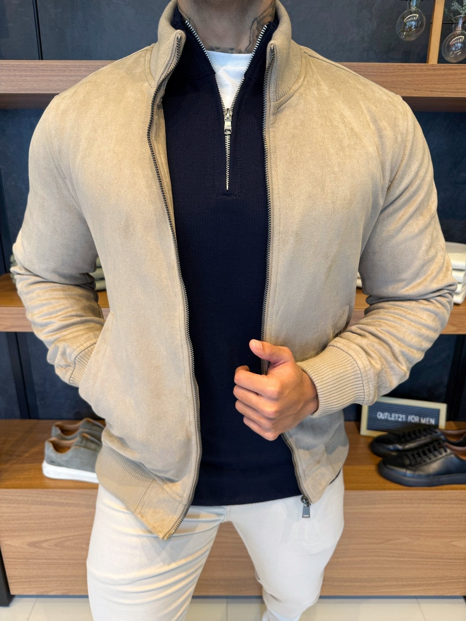 High-Neck Suede Jacket – Beige