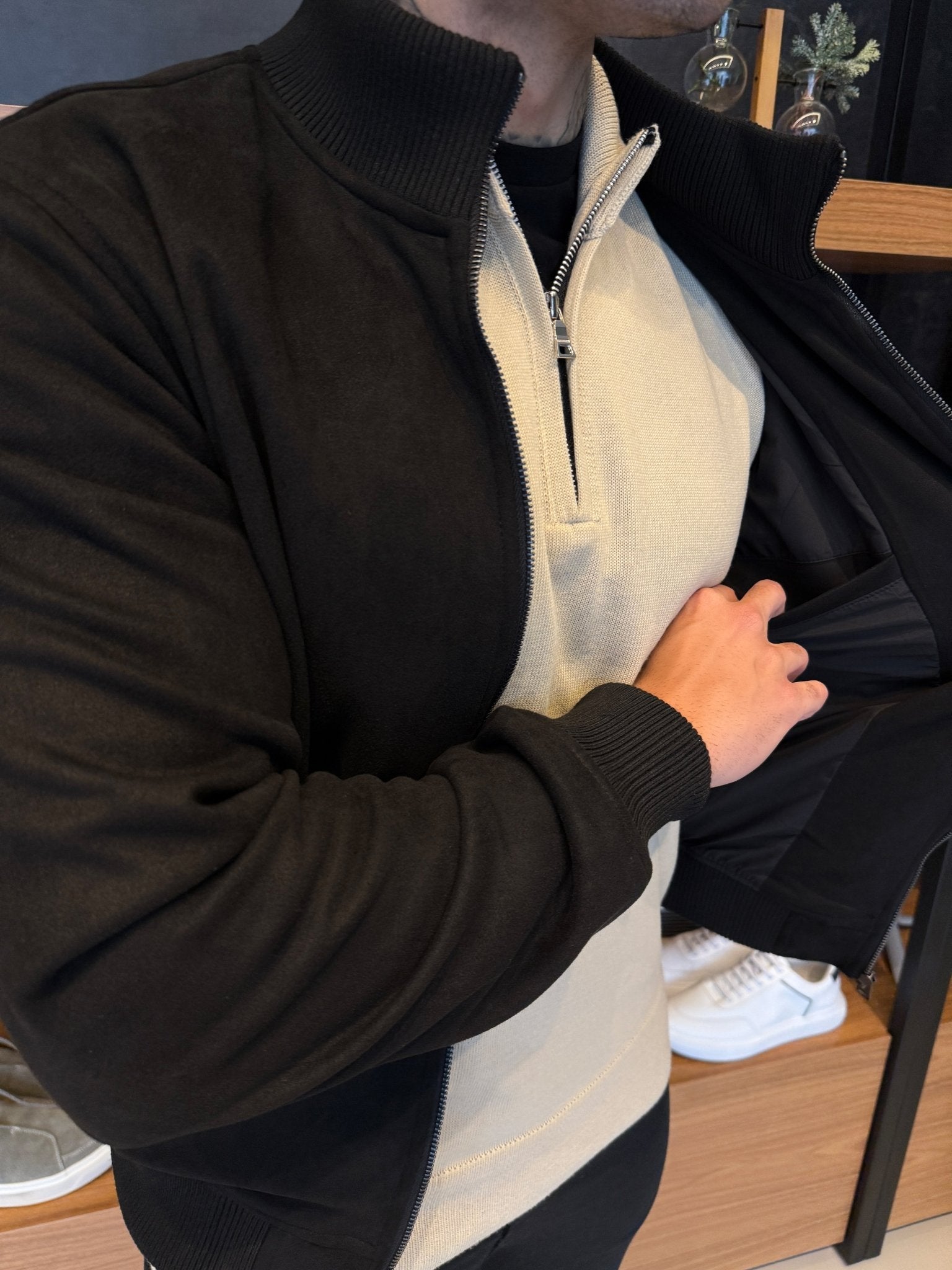 High-Neck Suede Jacket – Black