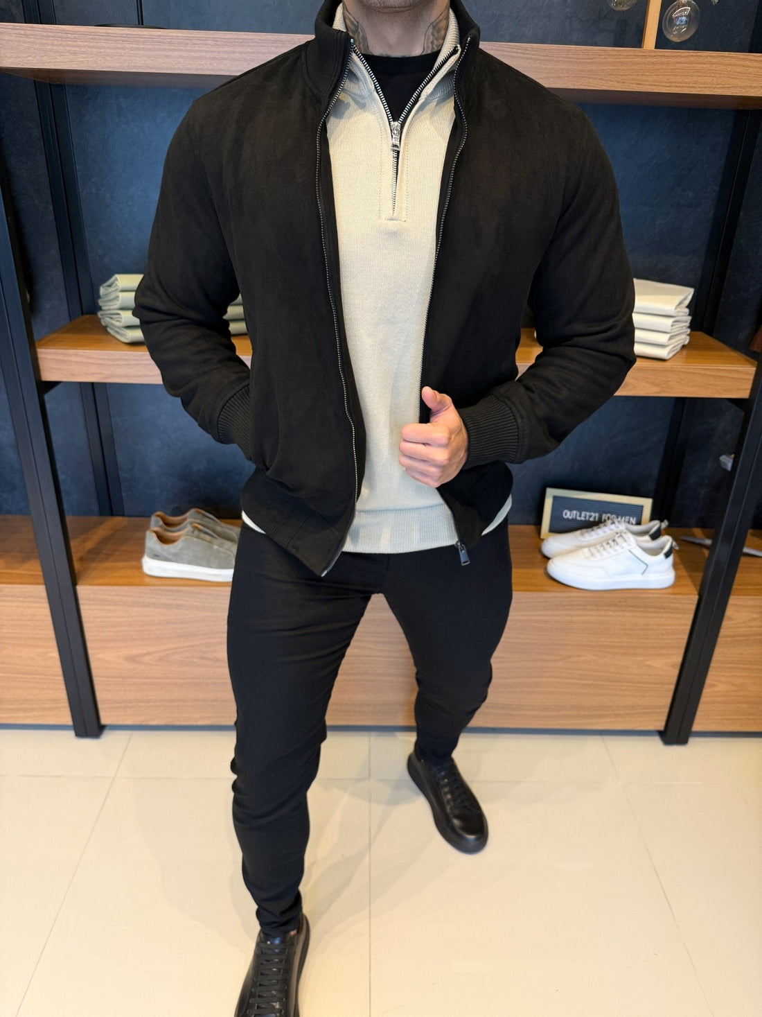 High-Neck Suede Jacket – Black