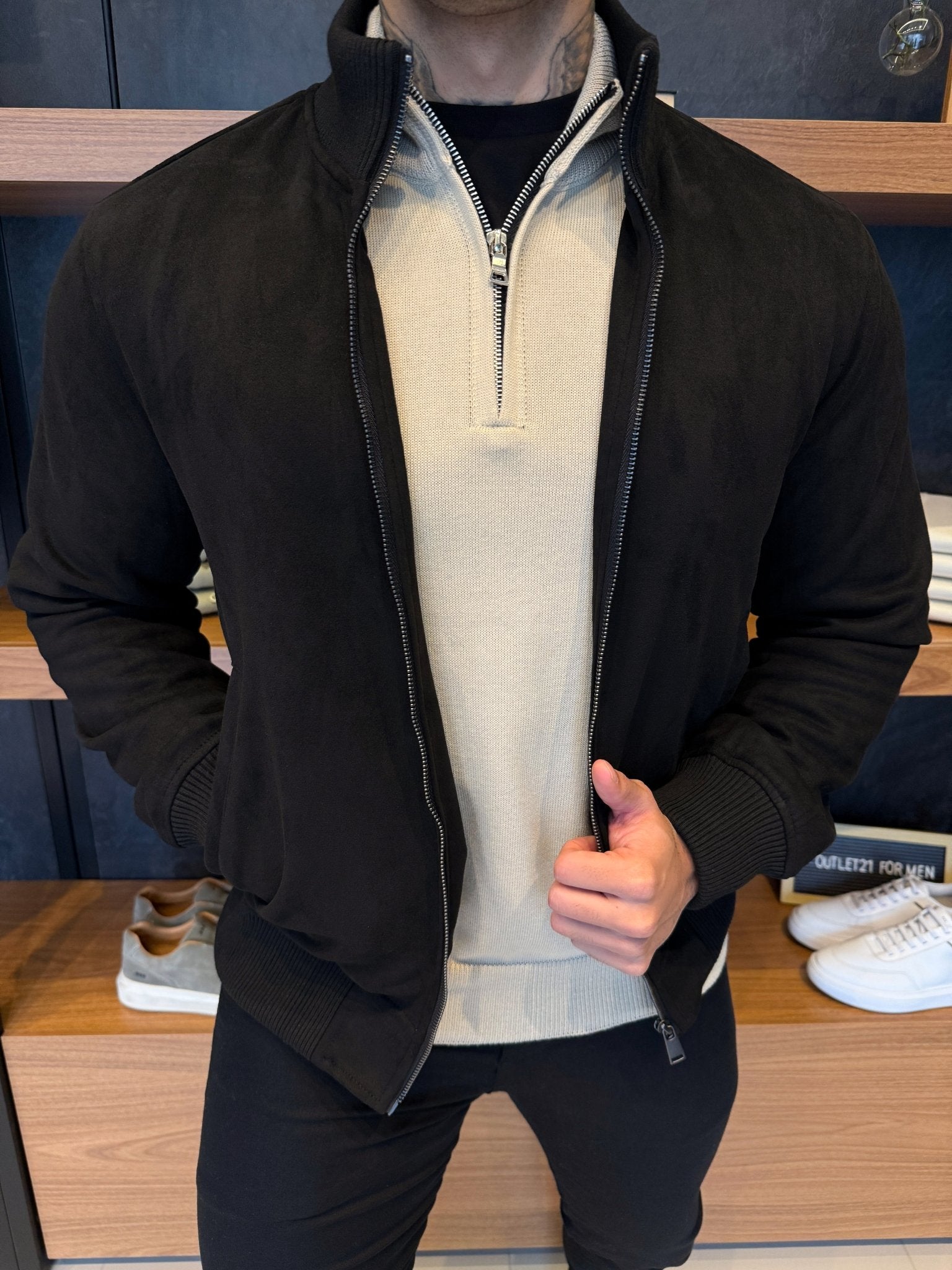 High-Neck Suede Jacket – Black