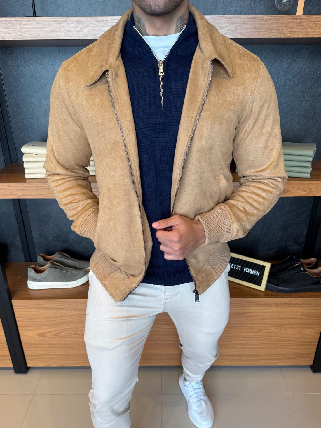 Sienna Suede Jacket – Beige | Notch Lapel