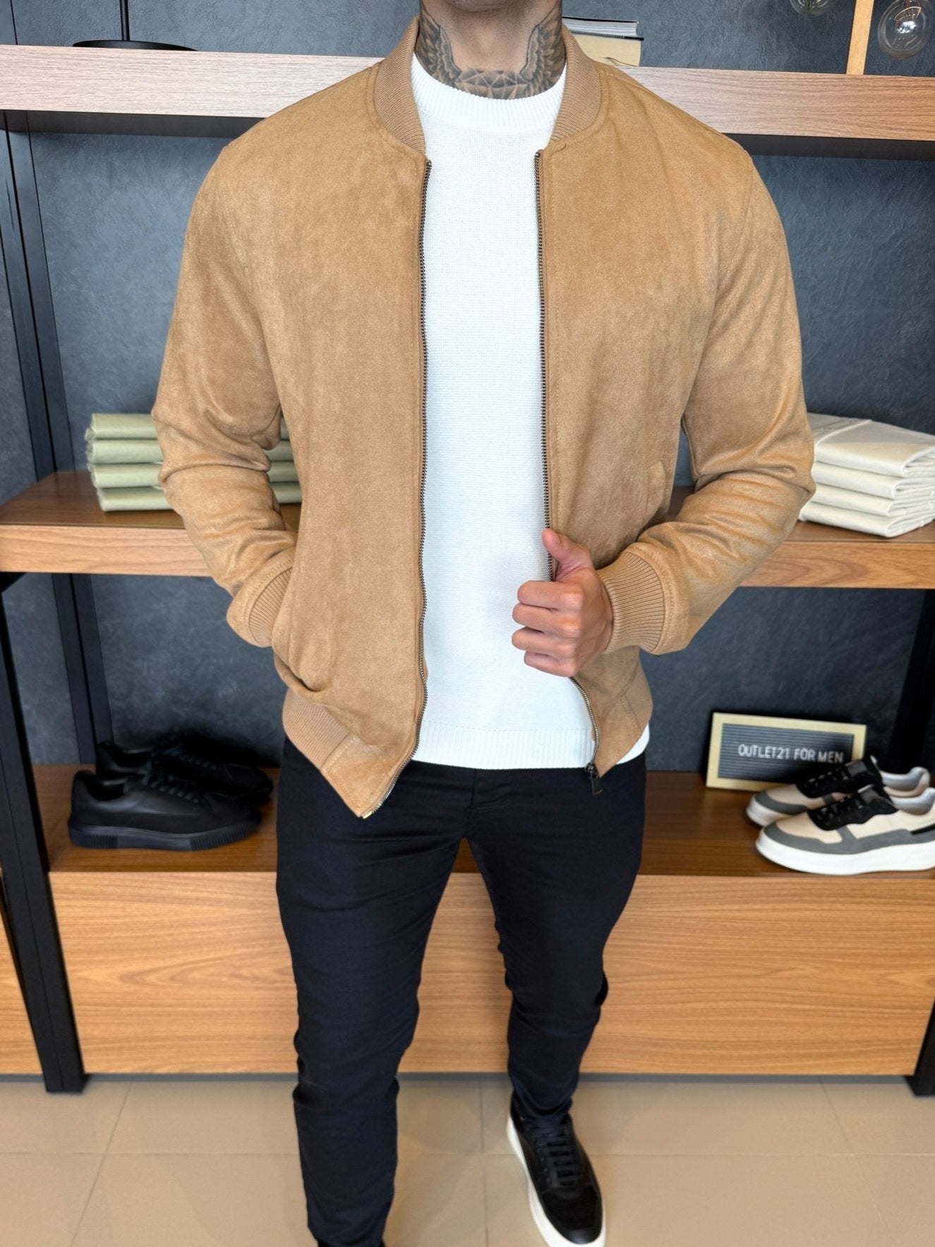 Taylor Suede Bomber Jacket – Beige