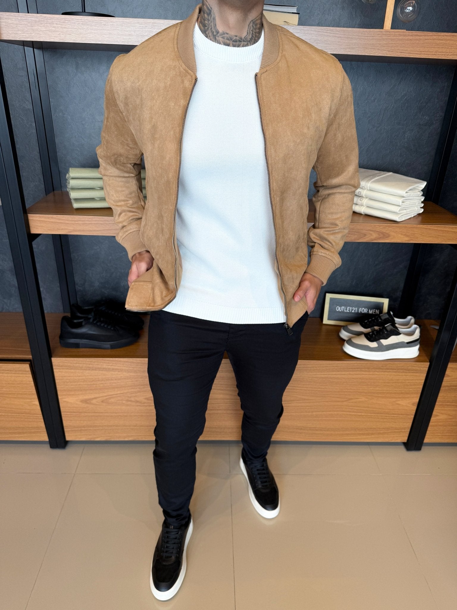 Taylor Suede Bomber Jacket – Beige