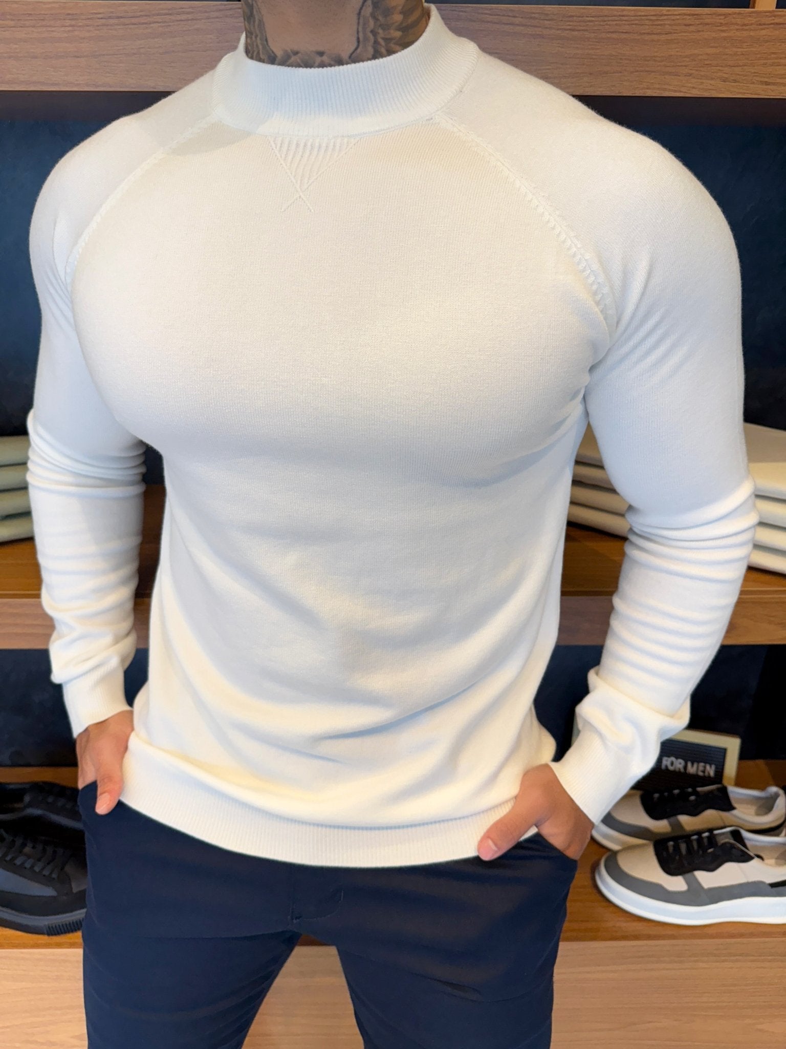 Classic Knit Mid-Neck Jumper – White