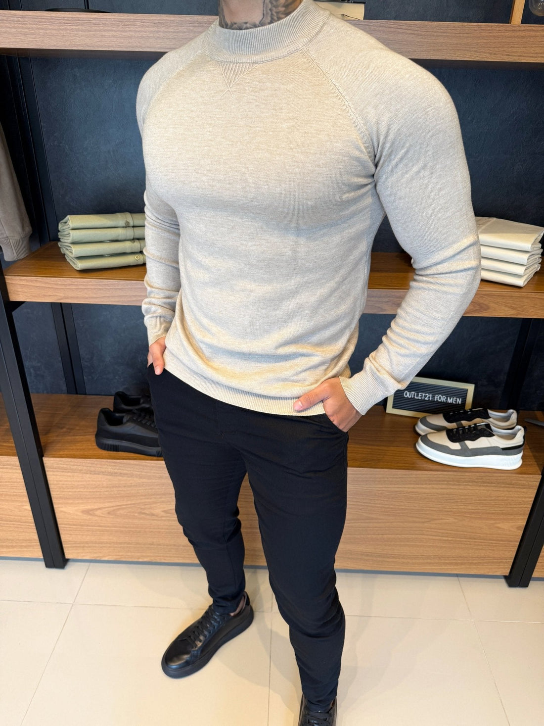 Classic Knit Mid-Neck Jumper – Beige Marl