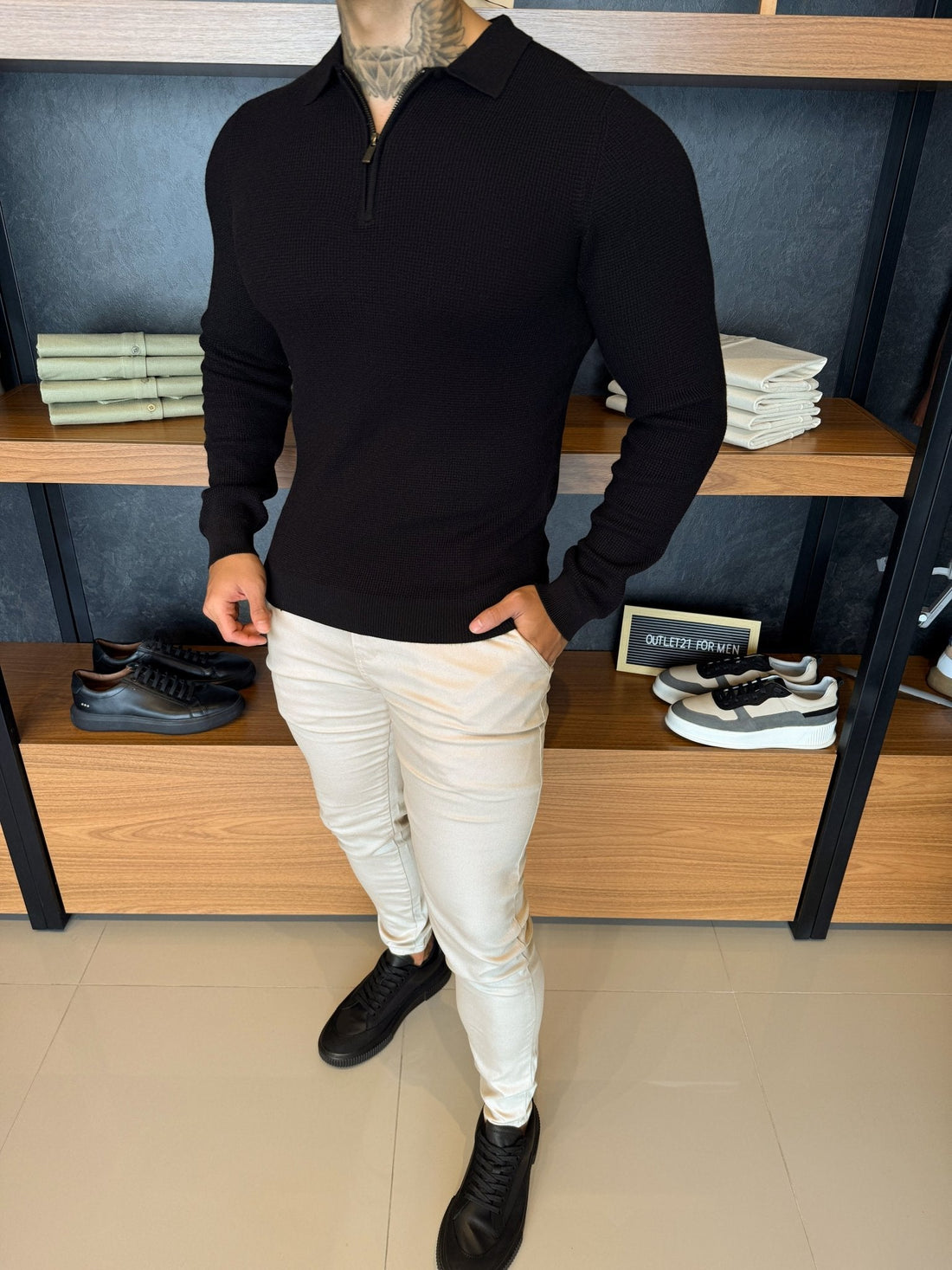 Havier Heavy Knit Polo Neck Jumper with Zip – Black