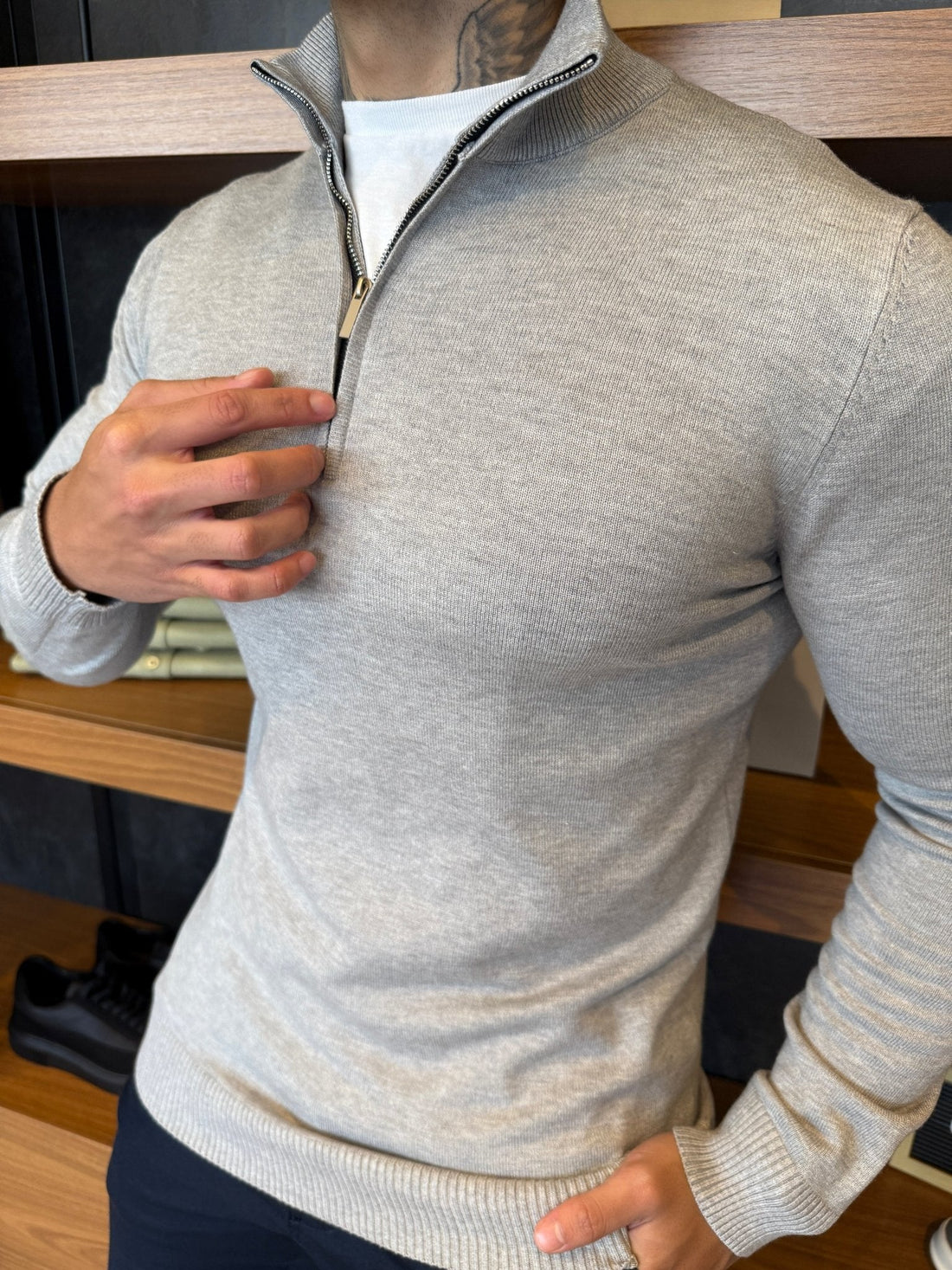 Santorinni Knit Zip-Neck Jumper – Grey