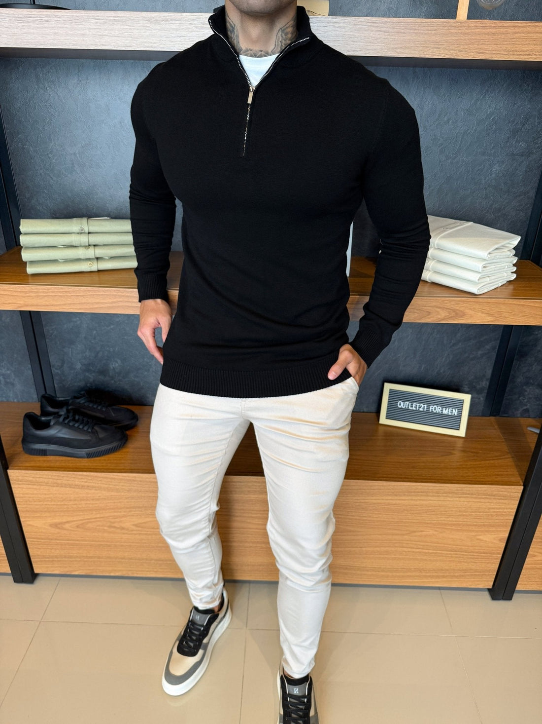 Santorinni Knit Zip-Neck Jumper – Black